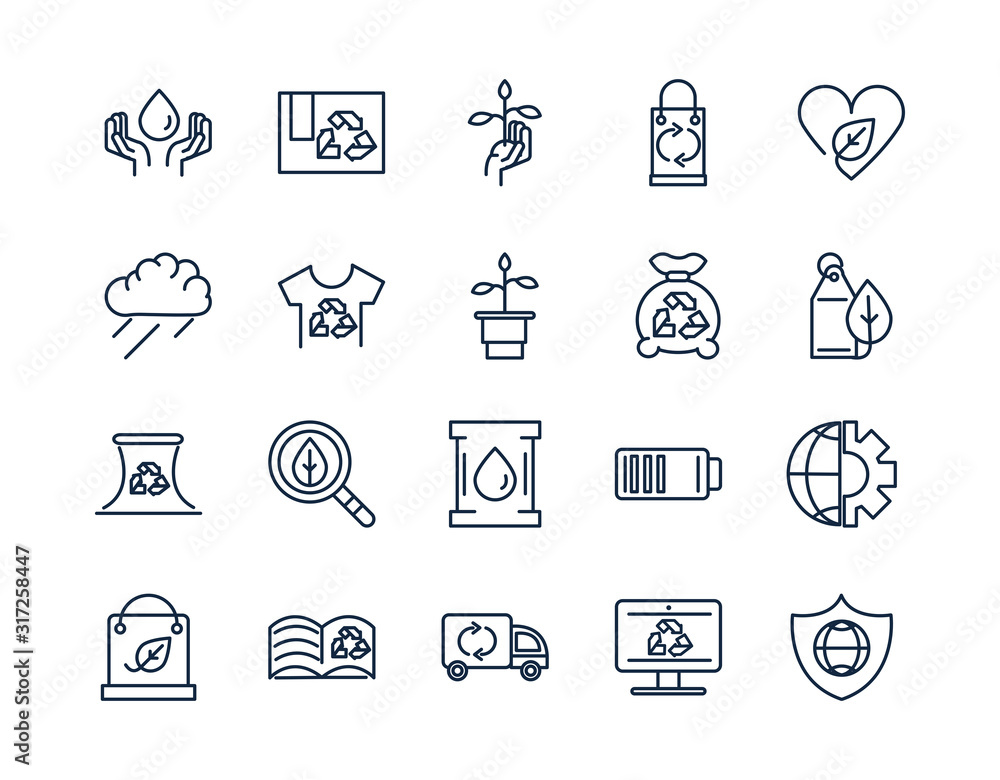 Fototapeta premium ecology environment renewable sustainable icons set linear