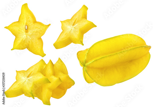 Fresh ripe carambola star fruit, slice, juicy fruit set isolated, white background. Carambola design elements, studio shot, focus stacking. Raw star fruits, healthy vegetarian food nutrition clip art
