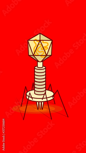 bacteriophage virus flat style outlined drawing in red background illustration