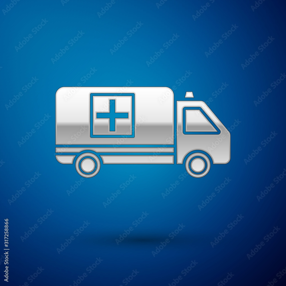 Obraz Silver Ambulance and emergency car icon isolated on blue background. Ambulance vehicle medical evacuation. Vector Illustration