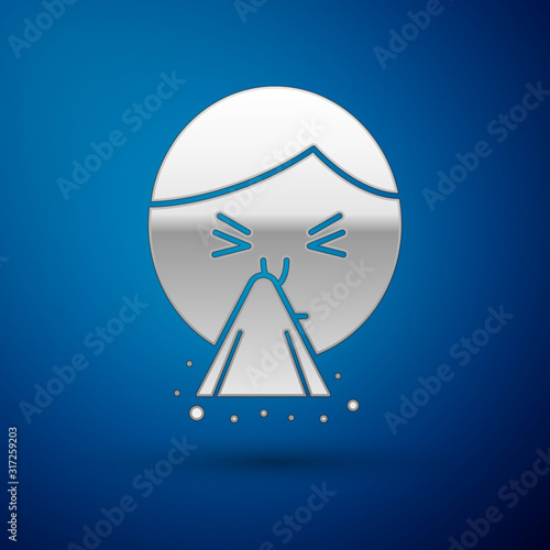 Silver Man holding handkerchief or napkin to his runny nose icon isolated on blue background. Coryza desease symptoms. Vector Illustration