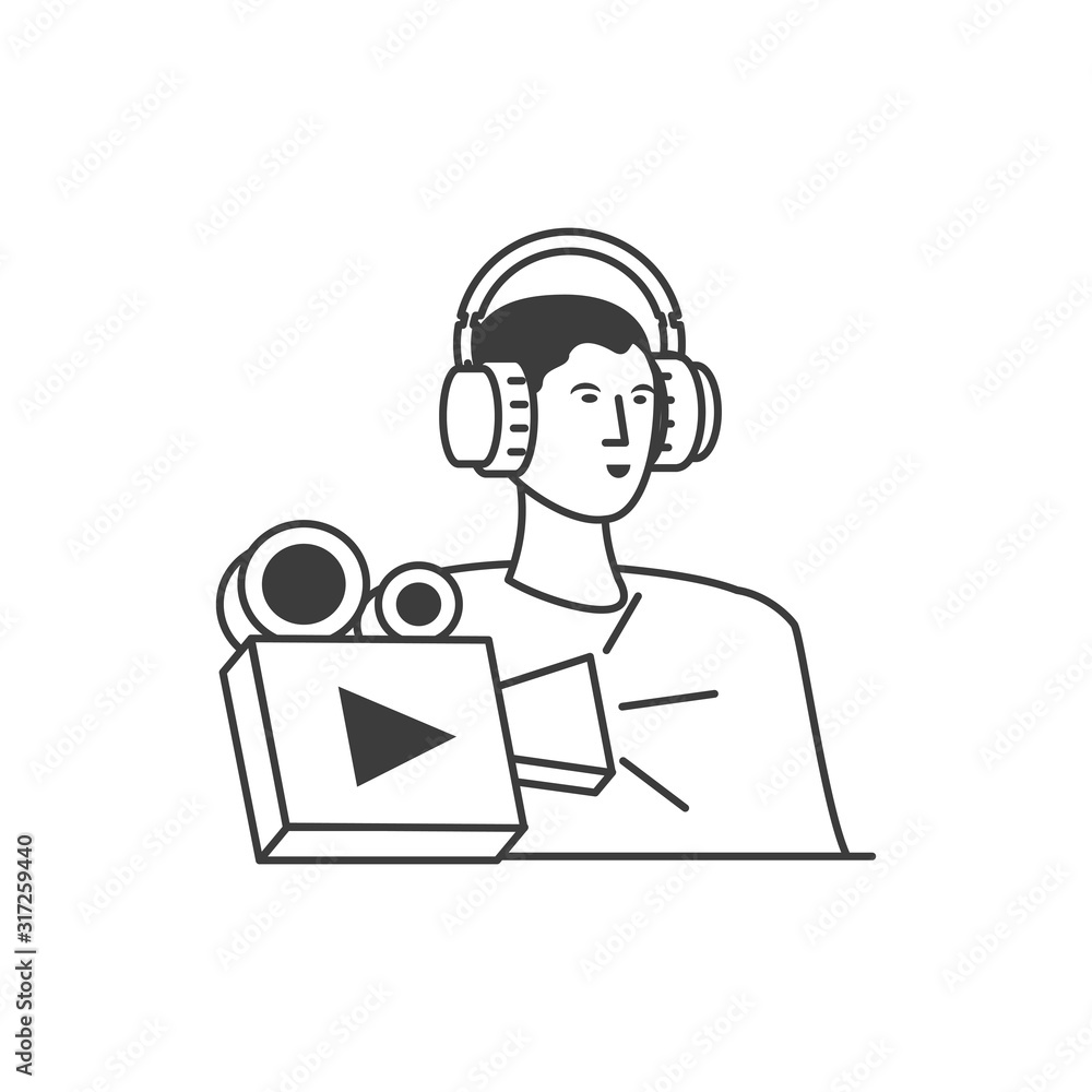 young man with earphones and video camera young man with earphones and video camera