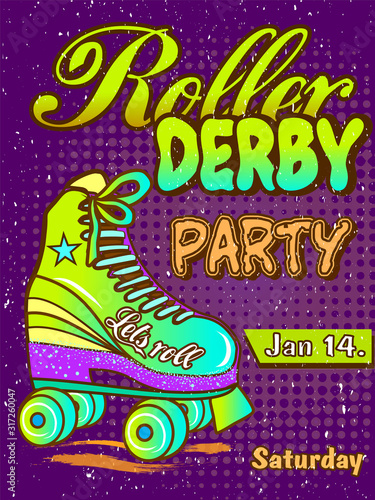 Cartoon Rollerscate Derby Advertising Poster. Retro background with shoes 