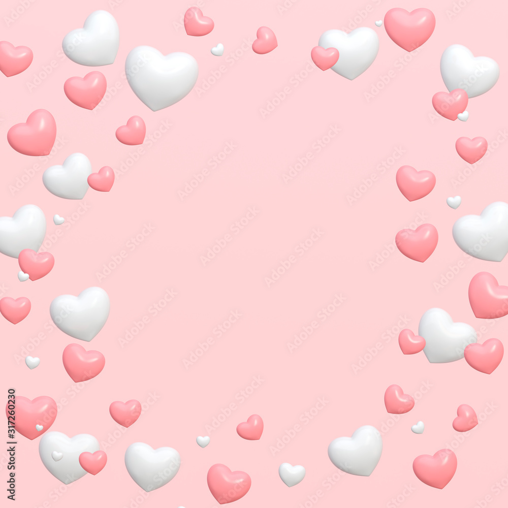 Valentines template blank card with peach and white hearts decorations on a pastel pink background 3d rendering. 3d illustration sweet heart and Valentines Day greeting card template minimal concept. Valentines template blank card with peach and white hearts decorations on a pastel pink background 3d rendering. 3d illustration sweet heart and Valentines Day greeting card template minimal concept.