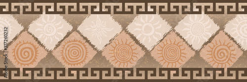 Fantasy on the subject of ancient art. Vintage background, sun symbols in ethnic style