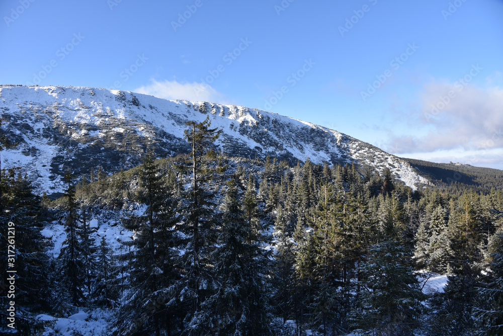 Winter trials and panorama of Karkonosze Mountains, Karkonosze National Park, Poland.