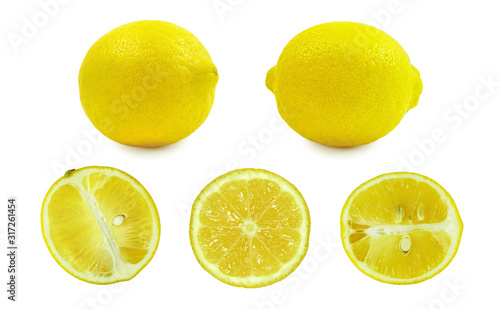 Fresh juicy lemon, whole, halves and cross section, set isolated on white background
