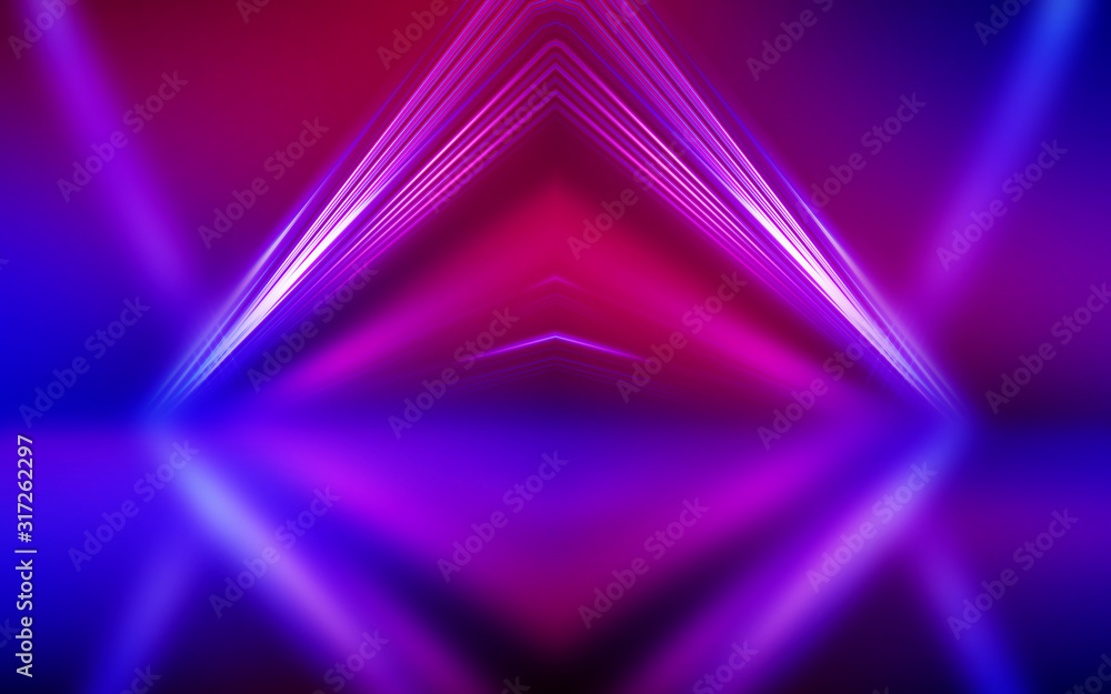 Abstract dark background with blue and pink neon glow. Neon light lines. Show empty stage background Abstract dark background with blue and pink neon glow. Neon light lines. Show empty stage background