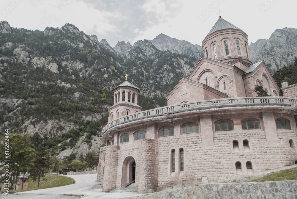 Christian temple in the mountains, travel around the country of Georgia,