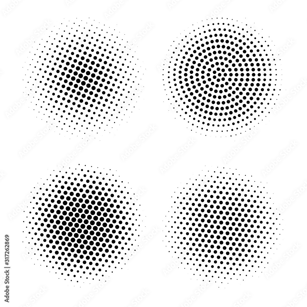 Halftone circles. Abstract vector dotted round patterns. Halftone explosion effect