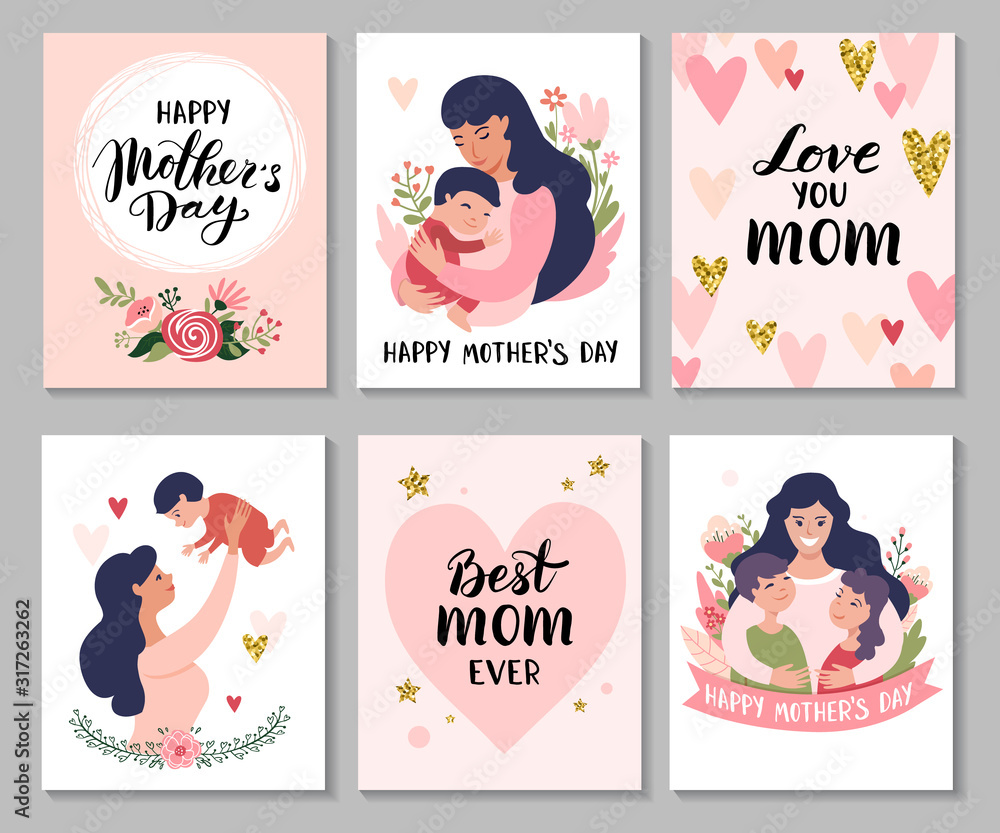 Happy Mothers Day greeting cards. Set of Calligraphy backgrounds and cartoon Mom with daughter & son. Vector illustration. - obrazy, fototapety, plakaty 