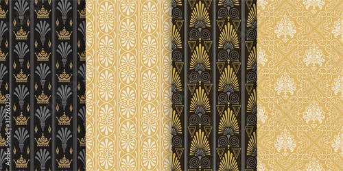 Art deco textile, wallpaper, fabric. 4 geometric patterns for your design. Set of seamless vector patterns in vintage style. Vector image