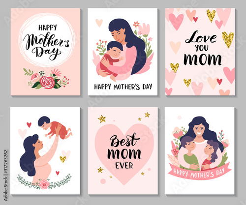 Happy Mothers Day greeting cards. Set of Calligraphy backgrounds and cartoon Mom with daughter & son. Vector illustration.