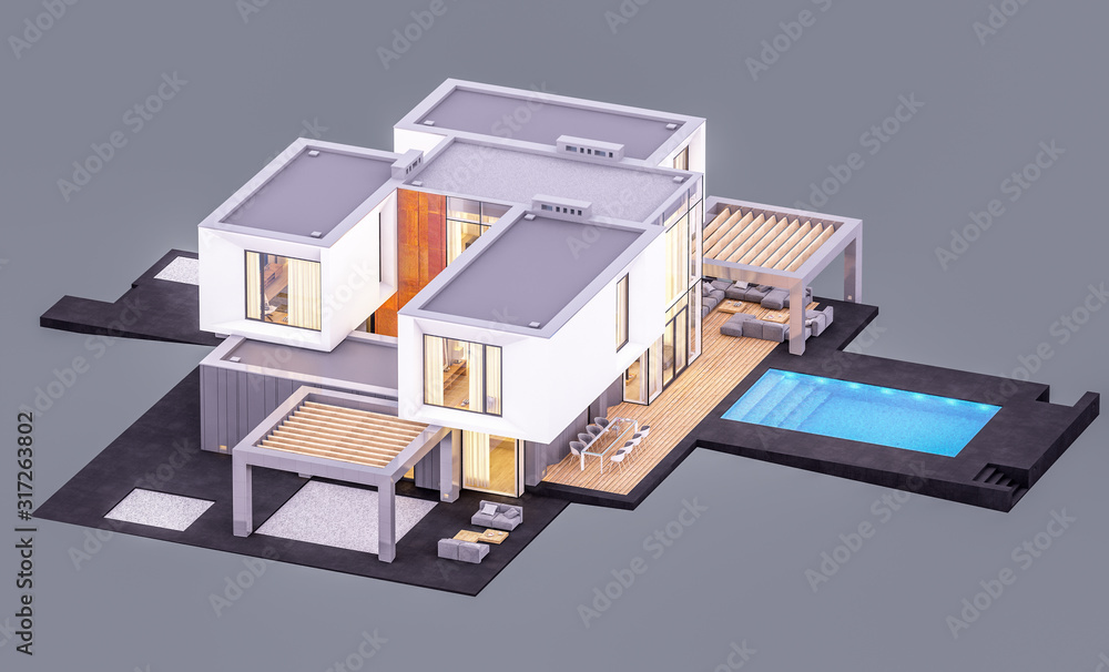 3d rendering of modern cozy house in the garden with garage and pool for sale or rent in evening with cozy light from window. Isolated on gray 3d rendering of modern cozy house in the garden with garage and pool for sale or rent in evening with cozy light from window. Isolated on gray