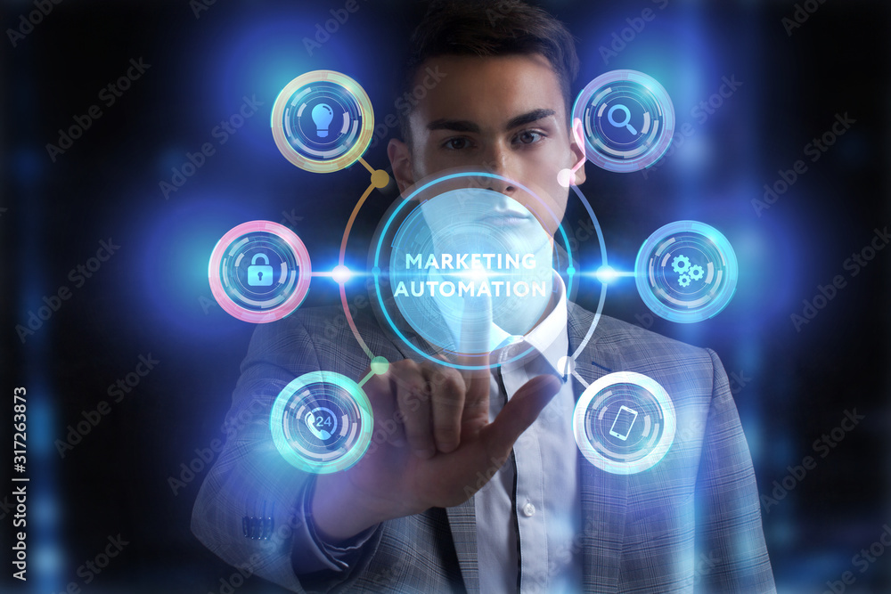 Fototapeta premium Business, Technology, Internet and network concept. Young businessman working on a virtual screen of the future and sees the inscription:
