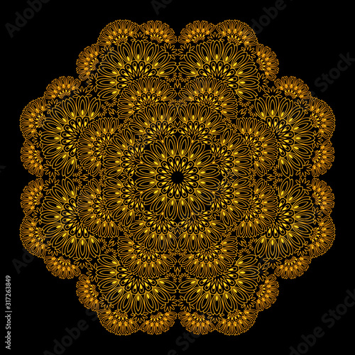 Elegant lace table napkin with popular ornament done in kaleidoscopic style. Printable modern mandala on black background. Geometric circle vector image.