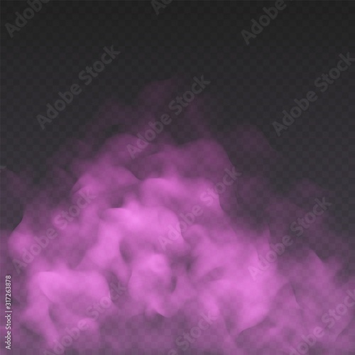 Pink fog or smoke cloud isolated on transparent background. Realistic smog, haze, mist or cloudiness effect. Realistic vector illustration.