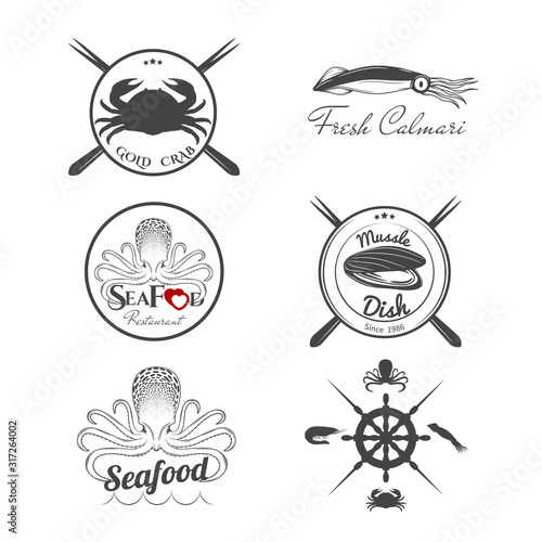 Set of seafood elements isolated on white. Vector illustration. 