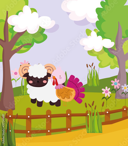 ram and turkey wooden fence flowers trees farm animal cartoon © Stockgiu
