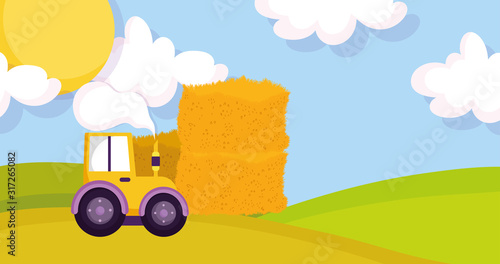 forklift with stacked hay meadow sun farm animal cartoon