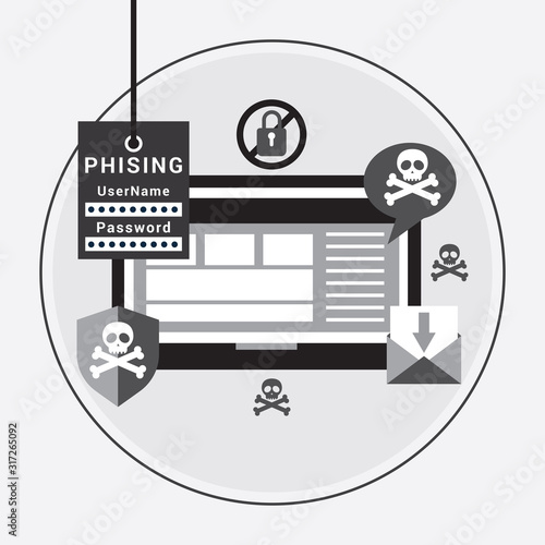 Phishing via internet vector concept illustration. Fishing by email spoofing or instant messaging
