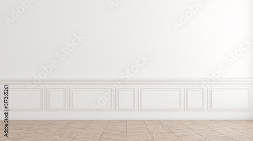 Perspective of the empty room with wood laminate floor in classic style of interior design. 3d rendering