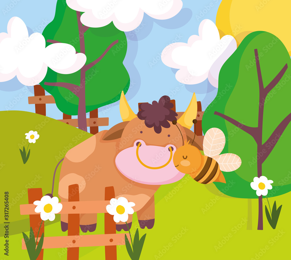 Fototapeta premium bull and flying bee fence flowers trees farm animal cartoon