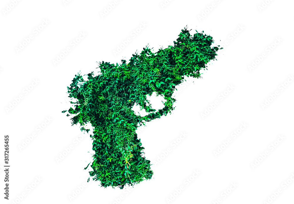 Gun from green leaves isolated on white background. Legalising of weapon. Crime concept. Eco weapon Gun from green leaves isolated on white background. Legalising of weapon. Crime concept. Eco weapon