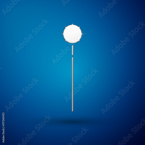 Silver Medieval chained mace ball icon isolated on blue background. Medieval weapon. Vector Illustration