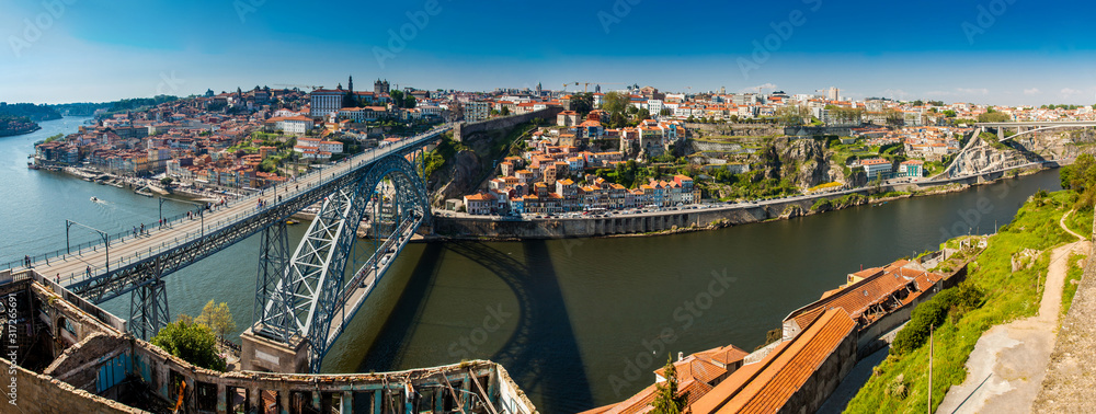 Panoramic view of Porto city and the Dom Luis I Bridge a metal arch bridge over the Douro River