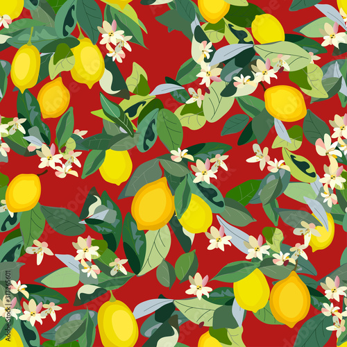 Seamless pattern with leaves, inflorescences and fruits lemon on a light grey background. Vector illustration green-blue colors with plants.