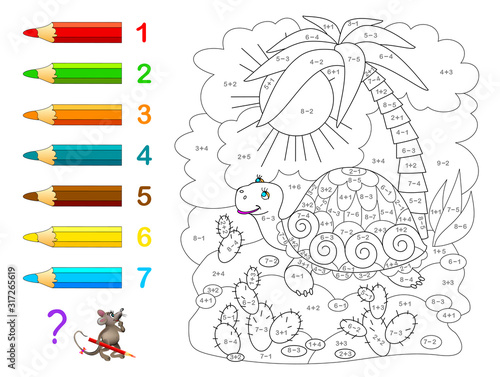 Math education for children. Coloring book. Mathematical exercises on addition and subtraction. Solve examples and paint the turtle. Developing counting skills. Printable worksheet for kids textbook. photo