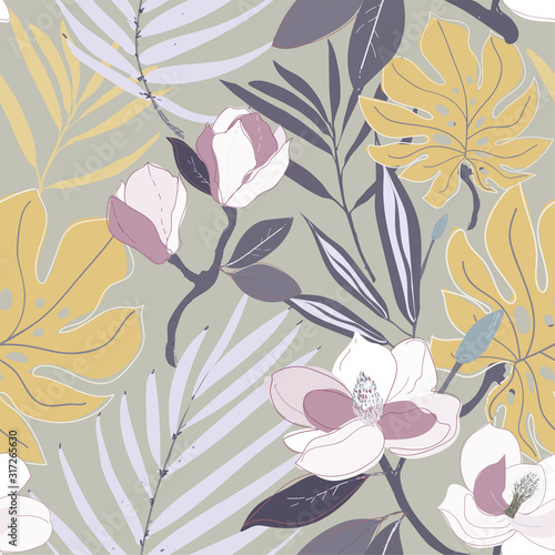 Leaves  twigs and flowers artistic seamless pattern.