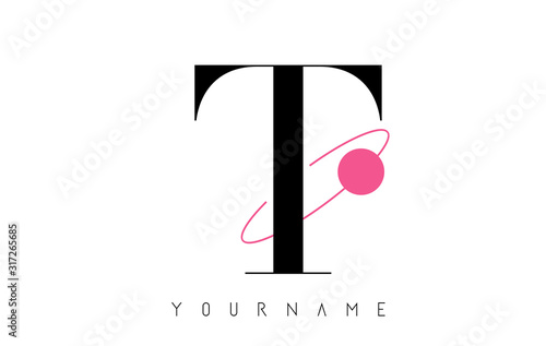 T Letter Logo Design with a Round Pink Eclipse.