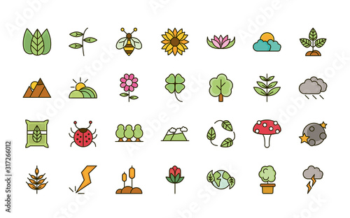 nature foliage botanical ecology drawing icons set