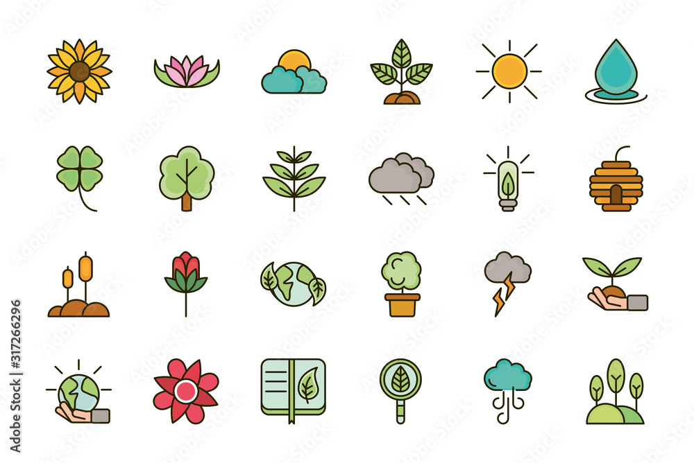 nature foliage botanical ecology drawing icons set