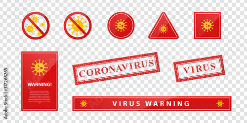 Vector set of realistic isolated warning signs of Virus and Coronavirus for template decoration on the transparent background. photo