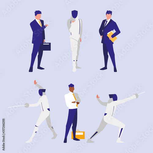 Set of businessmen and fencer workers vector design