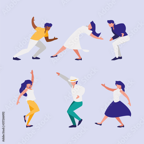 Set of women and men doing dancing positions vector design