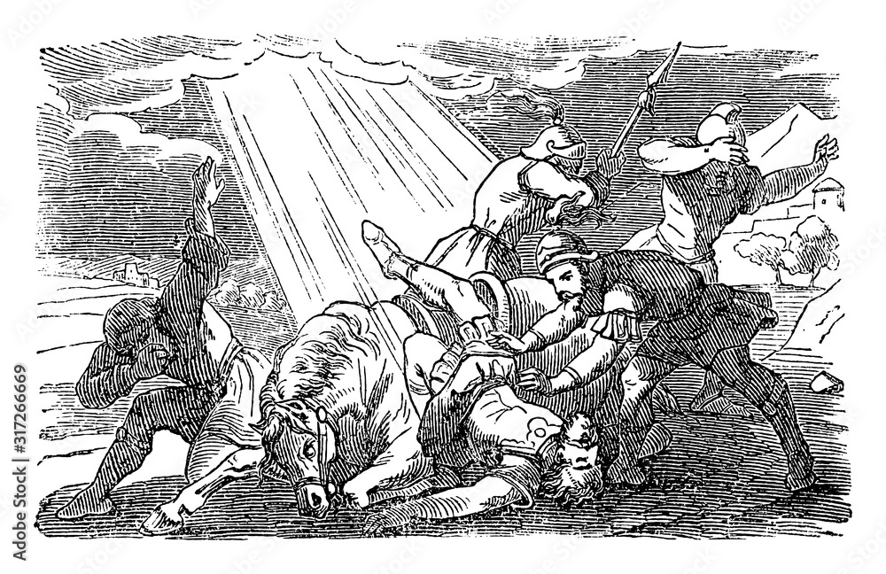 Obraz premium Antique vintage biblical religious engraving or drawing of story of Jesus speaking to Saul on the Damascus road.Bible, New Testament,Acts 9. Biblische Geschichte , Germany 1859.
