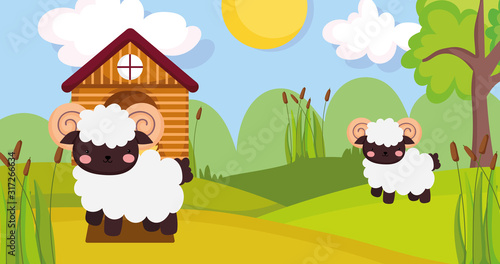 wooden house ram and sheep trees sun farm animal cartoon © Stockgiu