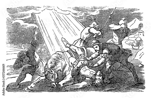 Antique vintage biblical religious engraving or drawing of story of Jesus speaking to Saul on the Damascus road.Bible, New Testament,Acts 9. Biblische Geschichte , Germany 1859.