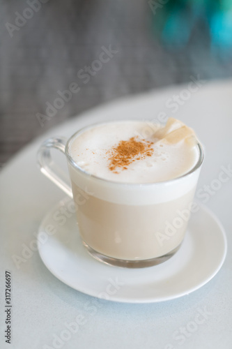 Photography London fog latte in trendy coffee shop with modern tile floors