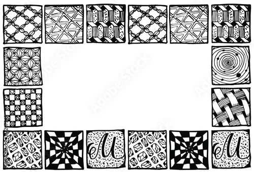 Squares with different patterns inside. Tiles with illustrations.