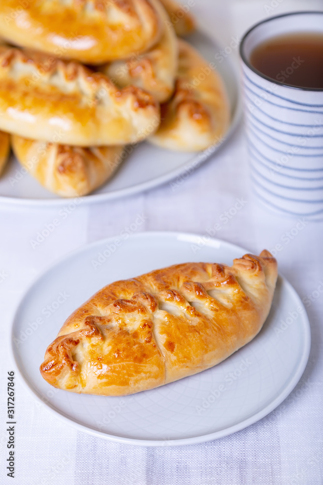 Pies (pirozhki) with cabbage. Homemade baking. Traditional Russian and Ukrainian cuisine. In the background is a dish with pies. Close-up. Pies (pirozhki) with cabbage. Homemade baking. Traditional Russian and Ukrainian cuisine. In the background is a dish with pies. Close-up.