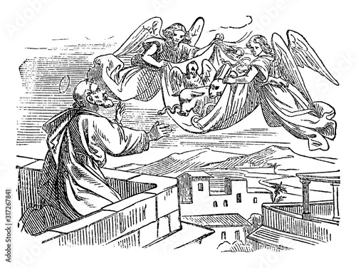 Antique vintage biblical religious engraving or drawing of story of vision of saint apostle Simon Peter and his vision of sheet with animals carried to be eaten.Bible, New Testament,Acts 10. Biblische