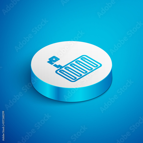 Isometric line Server icon isolated on blue background. Adjusting app, service concept, setting options, maintenance, repair, fixing. White circle button. Vector Illustration