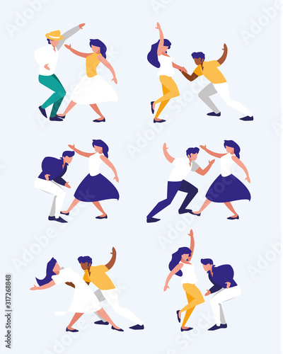 Set of women and men doing dancing positions vector design