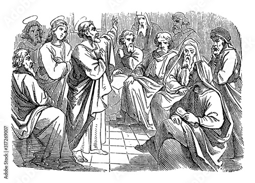 Antique vintage biblical religious engraving or drawing of saint apostle Simon Peter is speaking to Paul and Barnabas about circumcision .Bible, New Testament,Acts 15. Biblische Geschichte , Germany