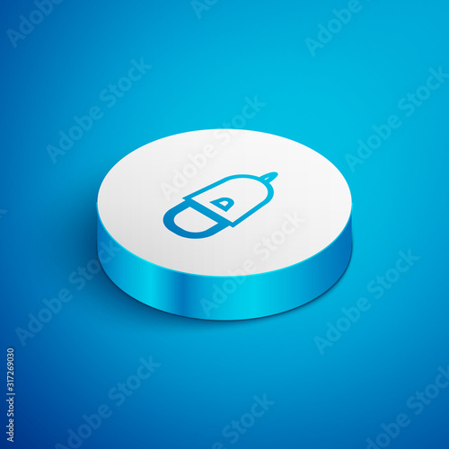 Isometric line Police cap with cockade icon isolated on blue background. Police hat sign. White circle button. Vector Illustration